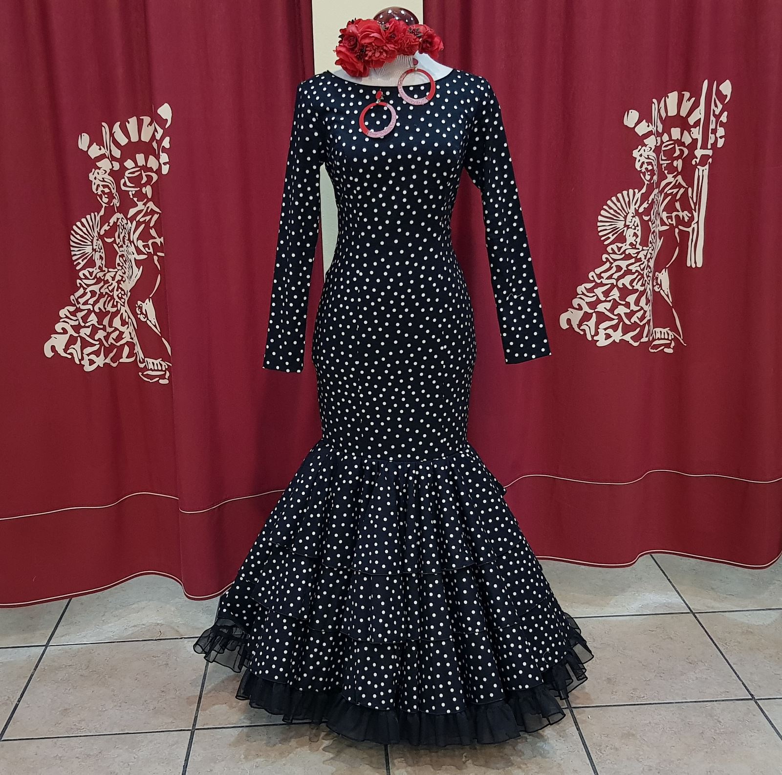 Disfraz de Sevillana para Mujer Negro Lunar Blanco